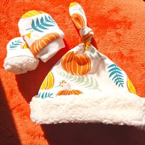 0-3 month NWOT, fall inspired, sherpa lined top knot beanie and mittens